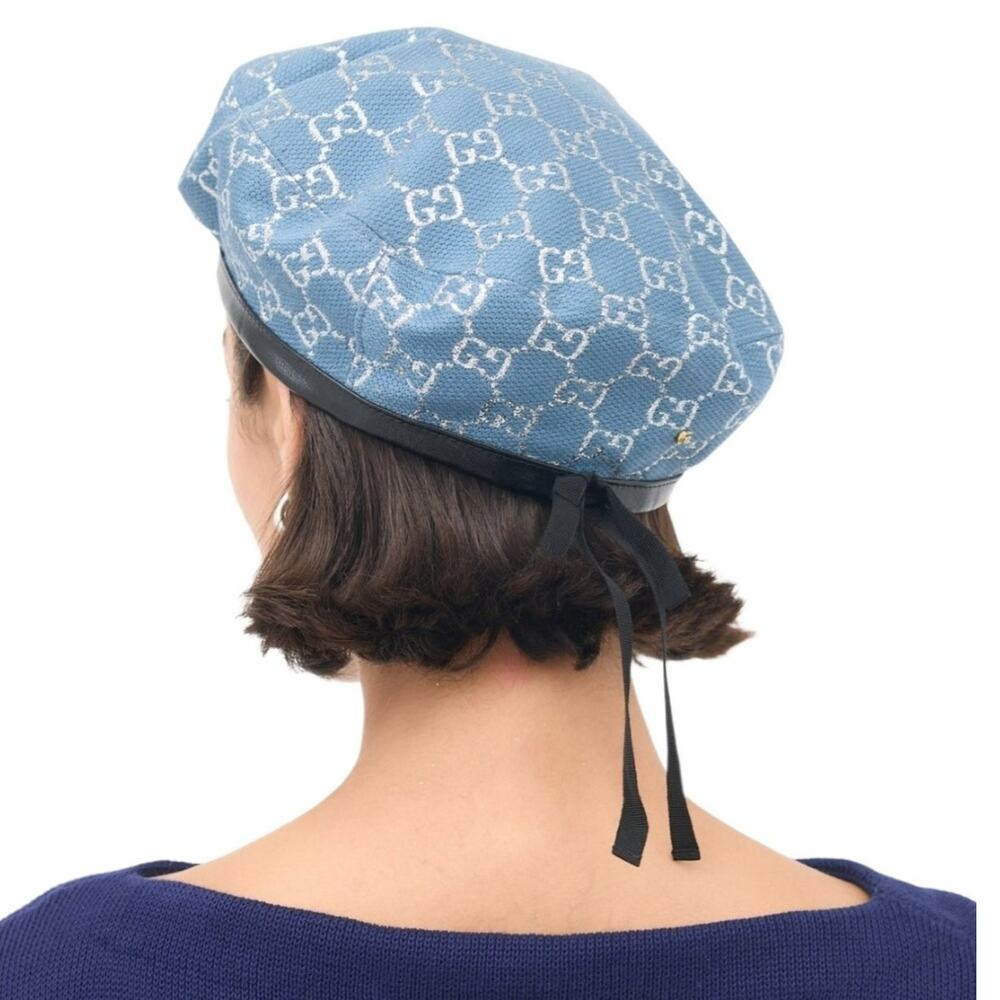 Gucci Canvas GG Monogram Denim Blue Wool Metallic Silver Beret